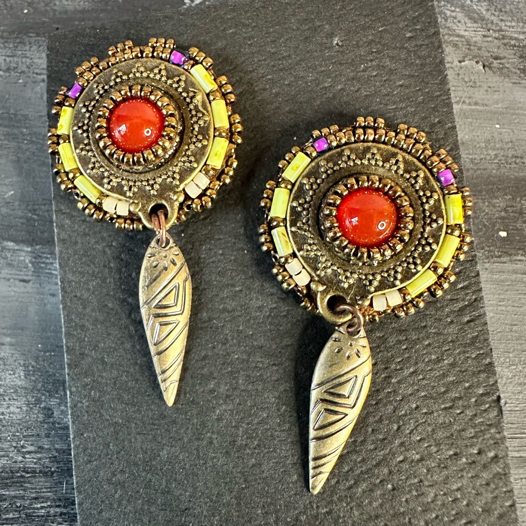 Heidi Kimmli Designs Round Bead Embroidered Earrings Sterling Silver Feather